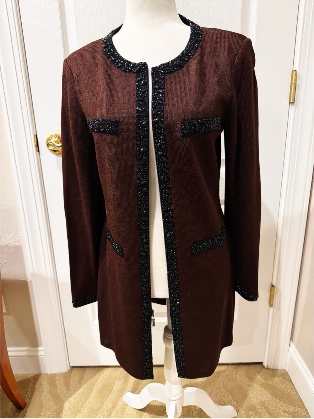 NWT St John Evening Velvet Brown/Black long Coat with Black Beading